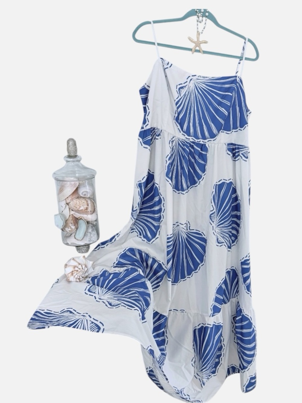 SHEIN 2X True Plus size White Maxi Dress with Blue Shell Print Worm once ! - Picture 3 of 12